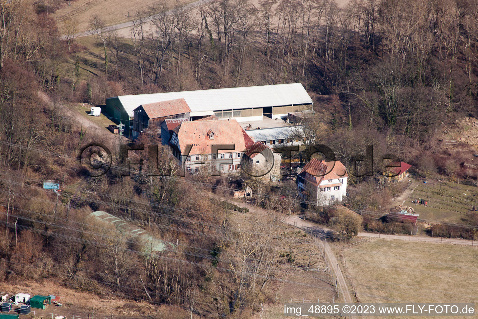 Oblique view of Wanzheim Mill in Rheinzabern in the state Rhineland-Palatinate, Germany