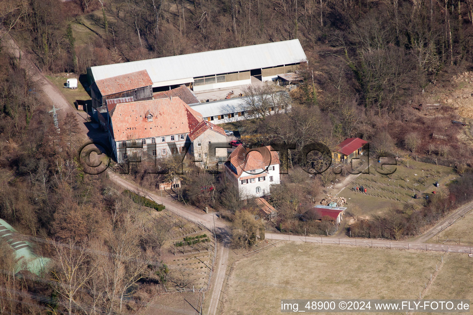 Wanzheim Mill in Rheinzabern in the state Rhineland-Palatinate, Germany from the plane