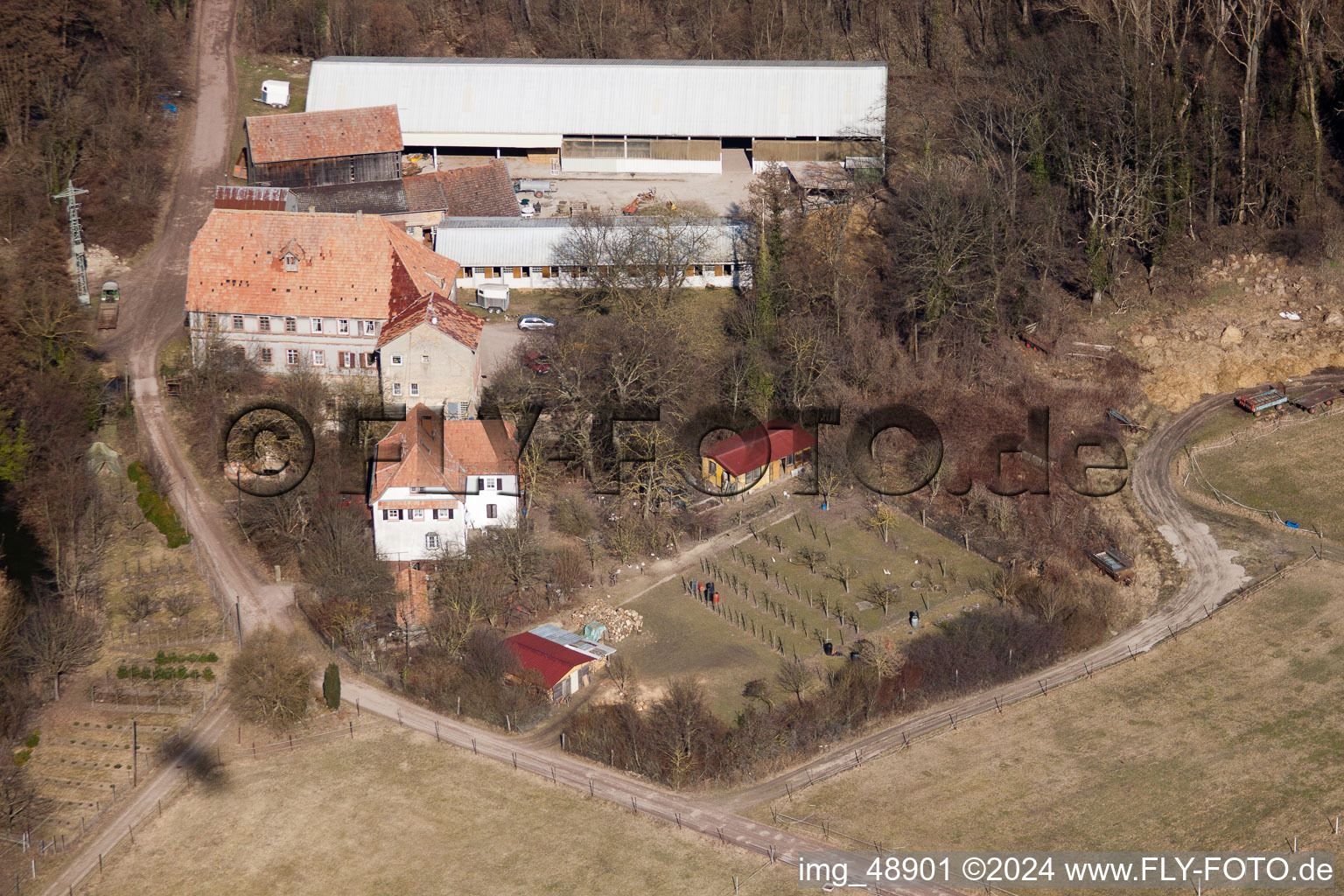 Bird's eye view of Wanzheim Mill in Rheinzabern in the state Rhineland-Palatinate, Germany