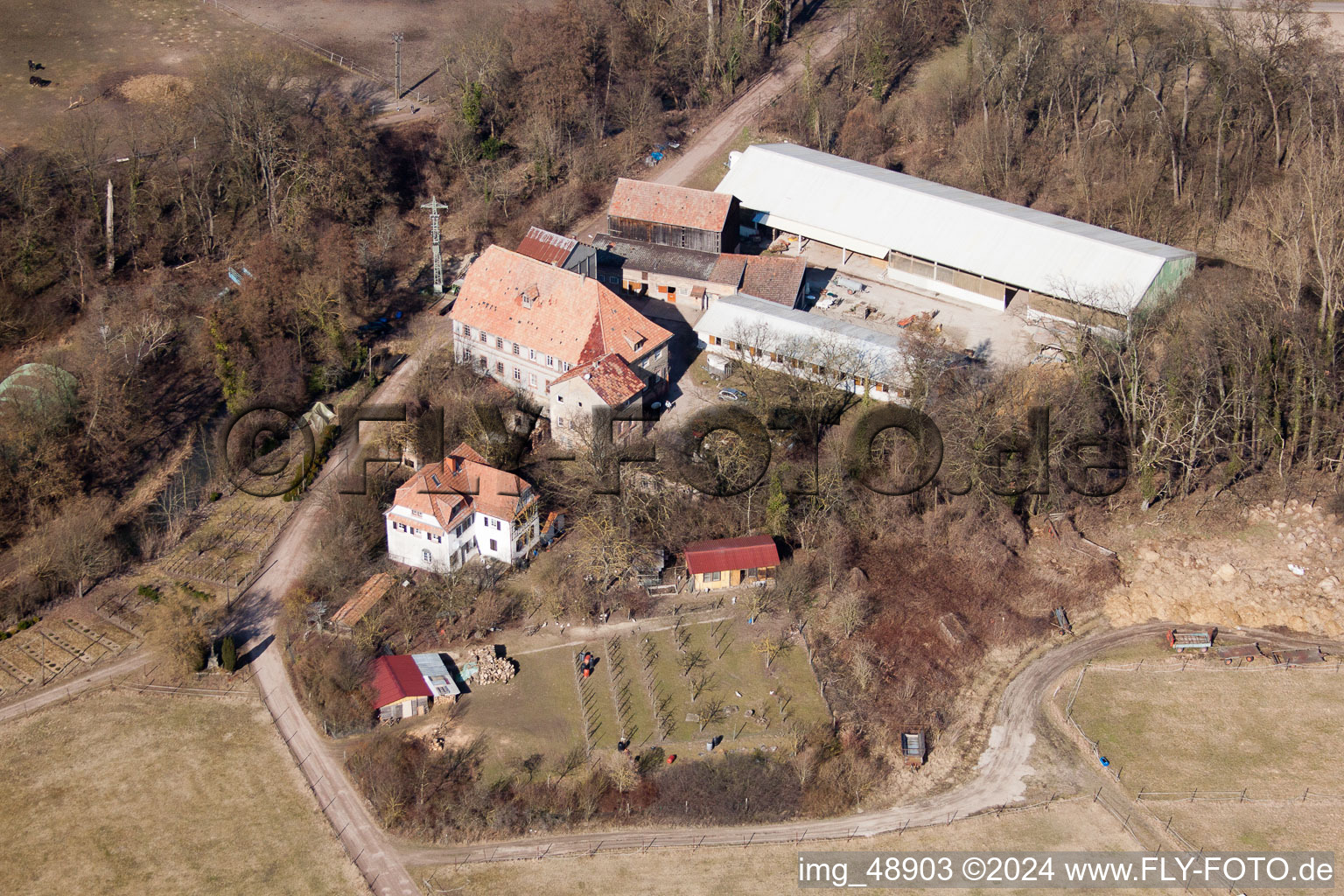 Drone recording of Wanzheim Mill in Rheinzabern in the state Rhineland-Palatinate, Germany