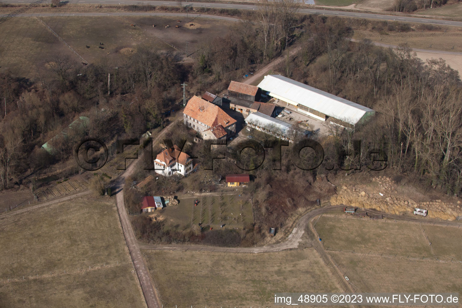 Drone image of Wanzheim Mill in Rheinzabern in the state Rhineland-Palatinate, Germany