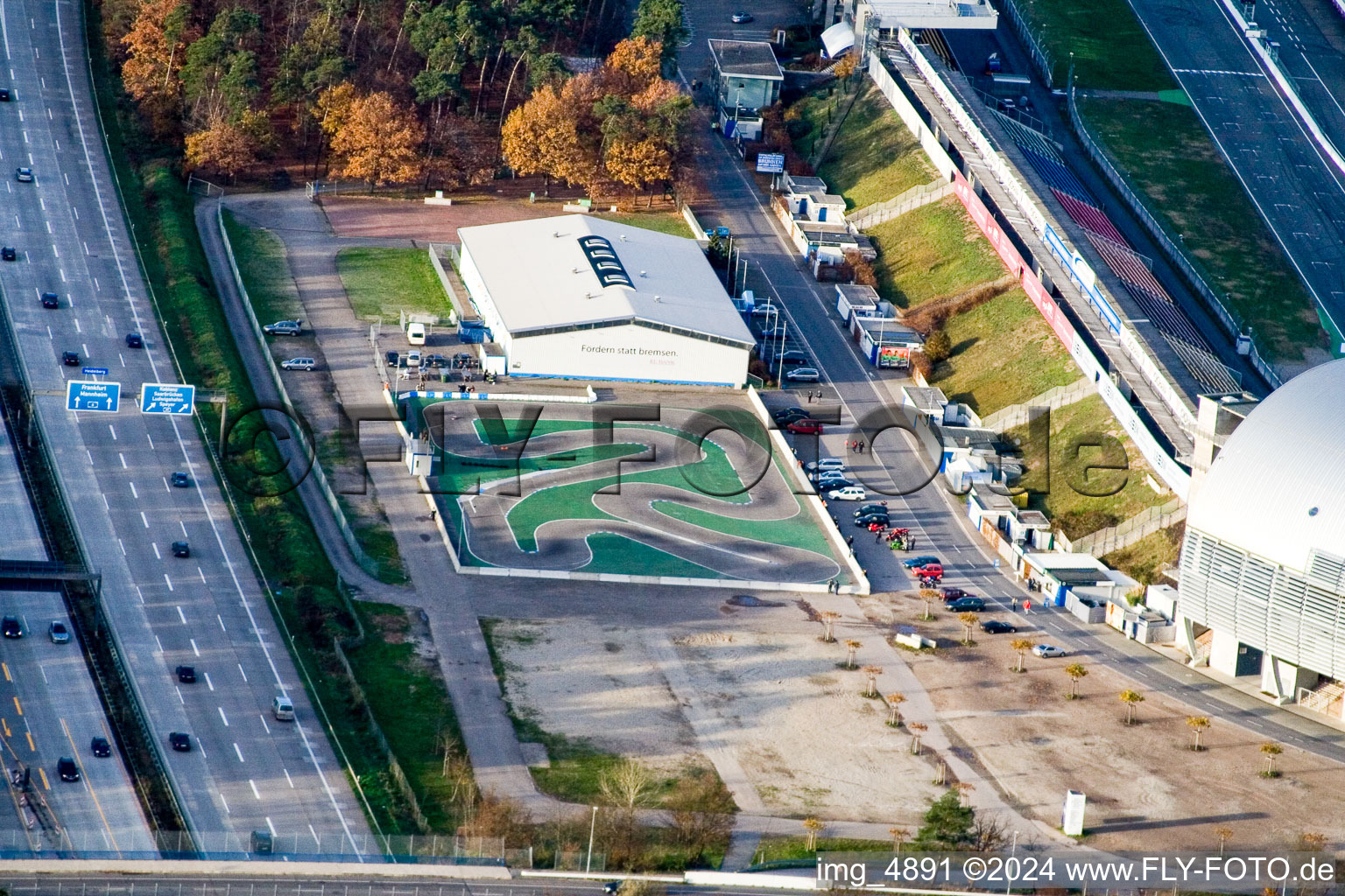 Oblique view of Motodrom in Hockenheim in the state Baden-Wuerttemberg, Germany