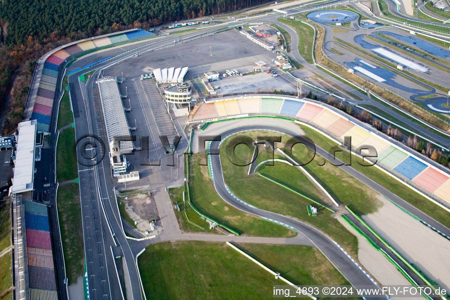 Aerial view of Racetrack racecourse Hockenheimring Baden-Wuerttemberg in Hockenheim in the state Baden-Wurttemberg, Germany