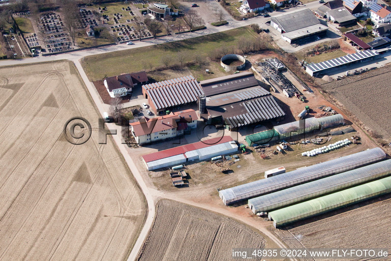 Schmiedhof in Neupotz in the state Rhineland-Palatinate, Germany viewn from the air