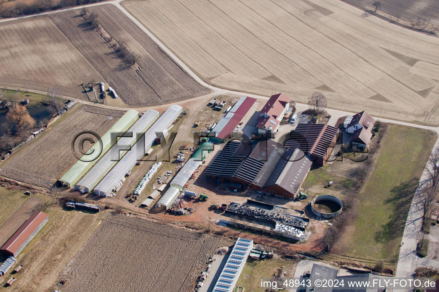 Drone recording of Blacksmith's yard in Neupotz in the state Rhineland-Palatinate, Germany