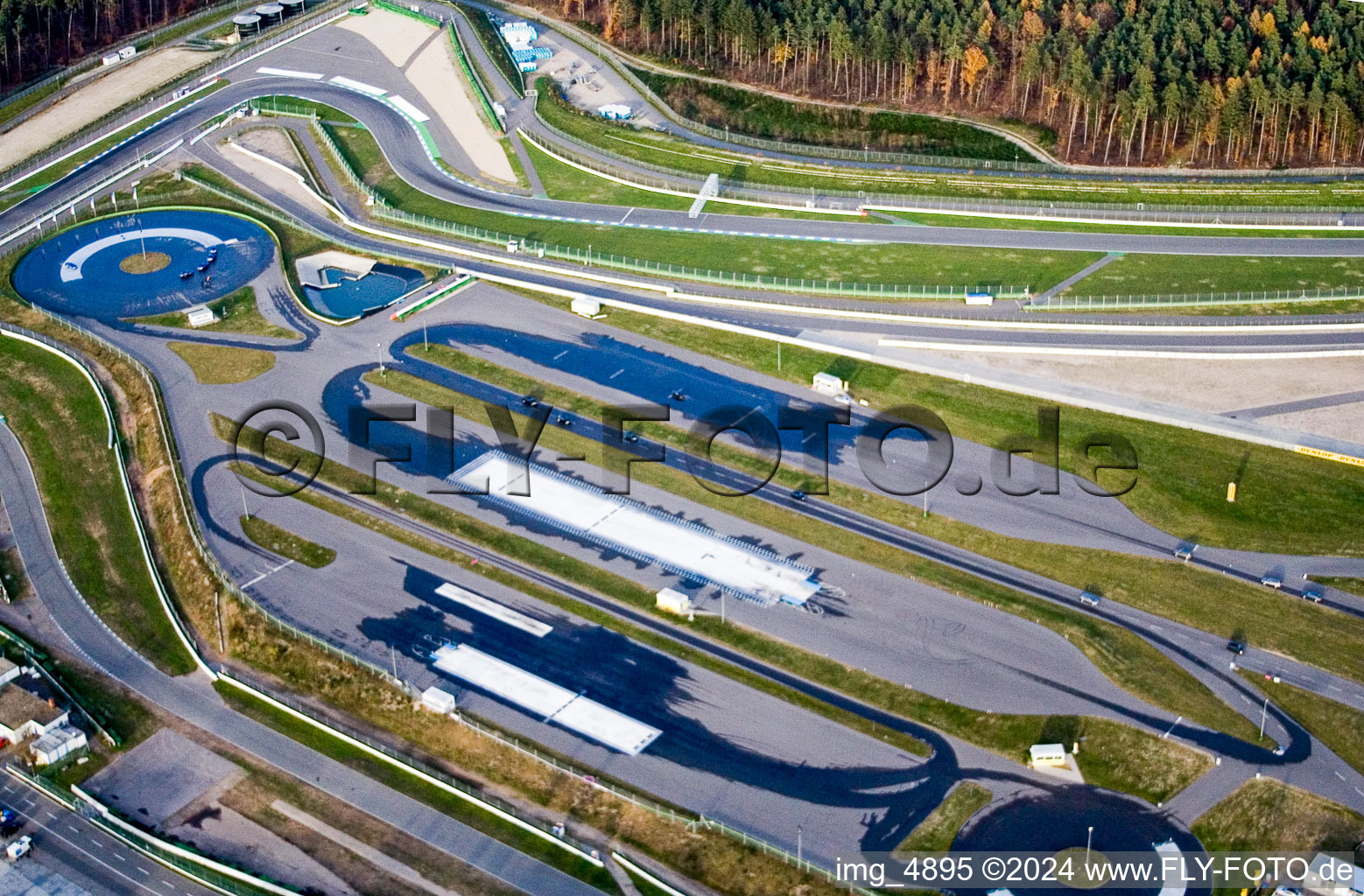 Aerial photograpy of Racetrack racecourse Hockenheimring Baden-Wuerttemberg in Hockenheim in the state Baden-Wurttemberg, Germany