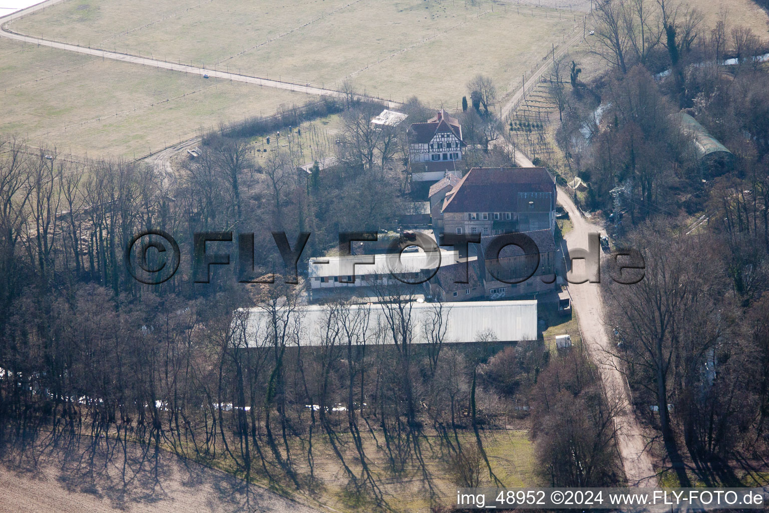 Wanzheim Mill in Rheinzabern in the state Rhineland-Palatinate, Germany from the drone perspective