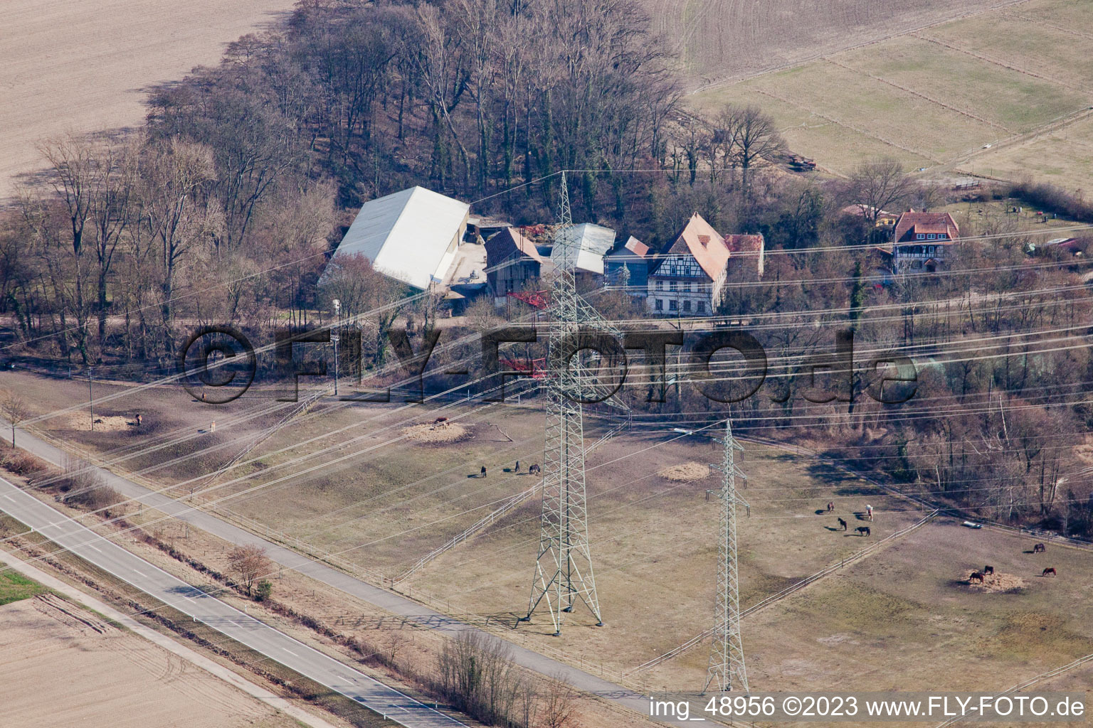 Wanzheim Mill in Rheinzabern in the state Rhineland-Palatinate, Germany seen from a drone