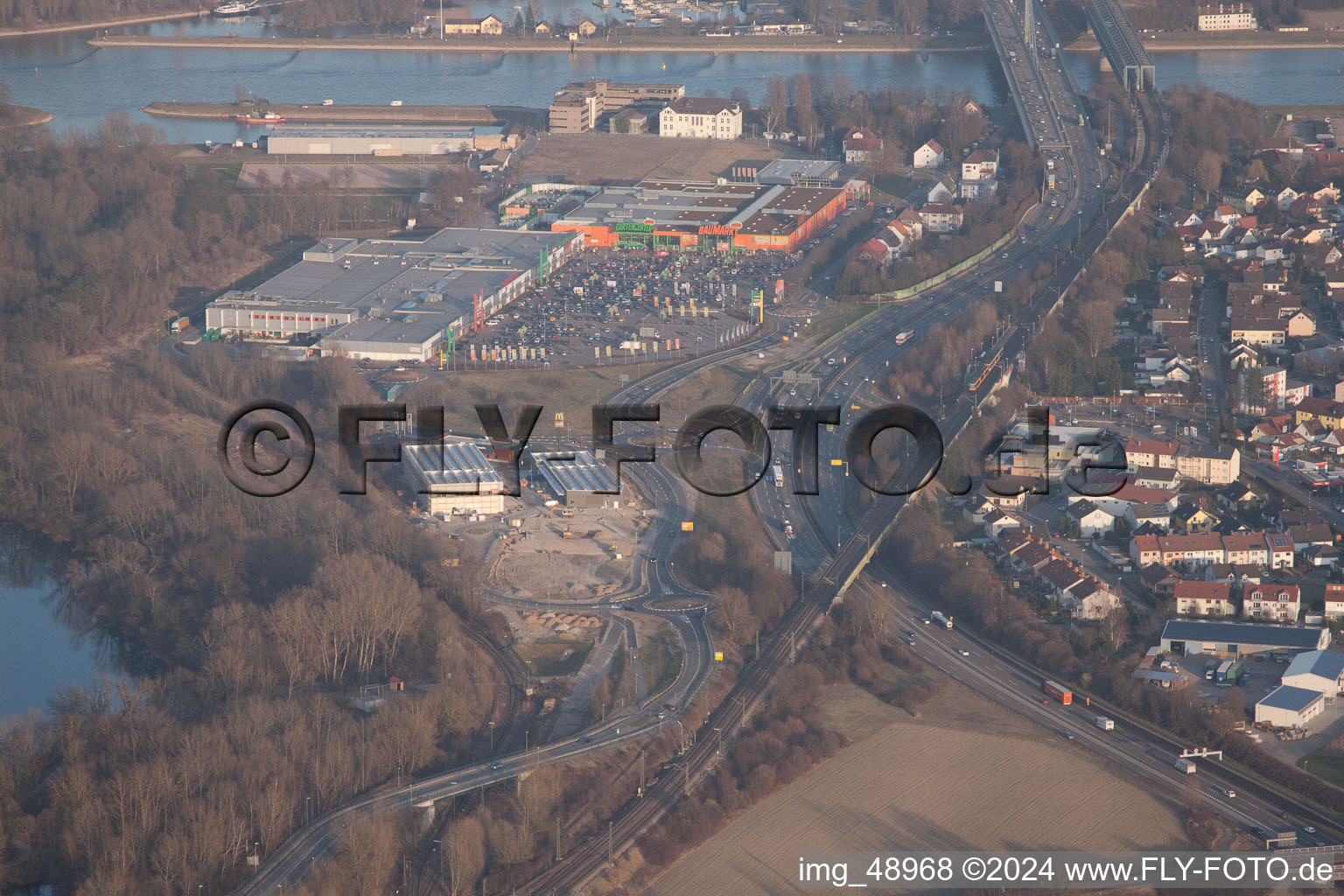 Oblique view of Maximilian Center II in the district Maximiliansau in Wörth am Rhein in the state Rhineland-Palatinate, Germany