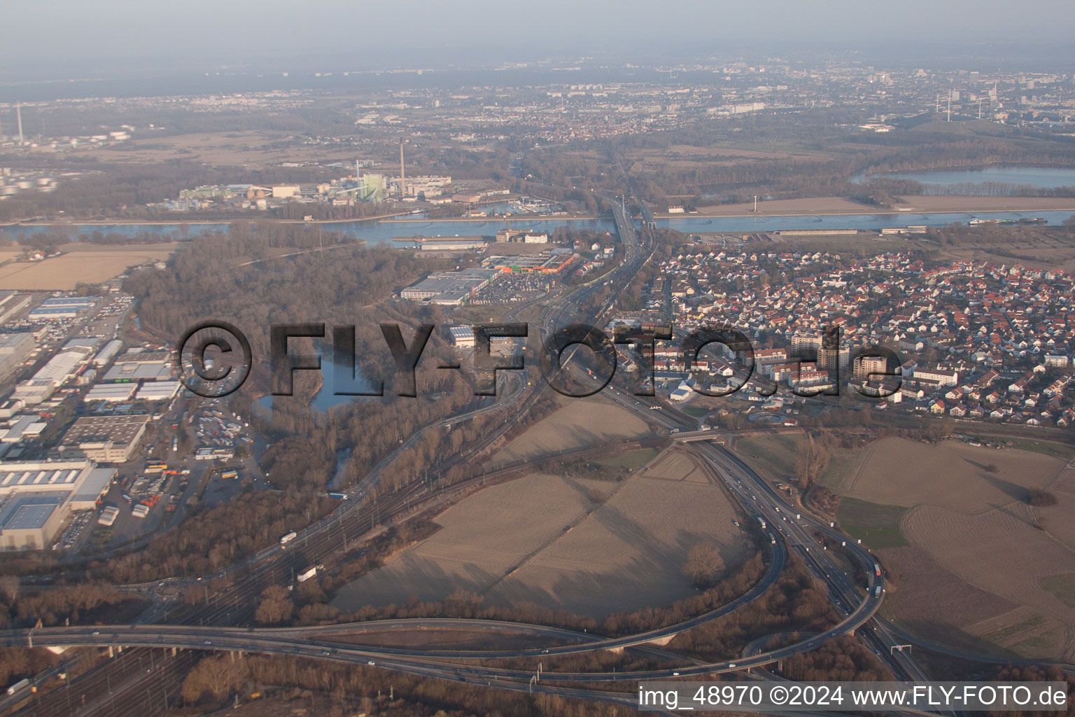 Maximilian Center II in the district Maximiliansau in Wörth am Rhein in the state Rhineland-Palatinate, Germany from above