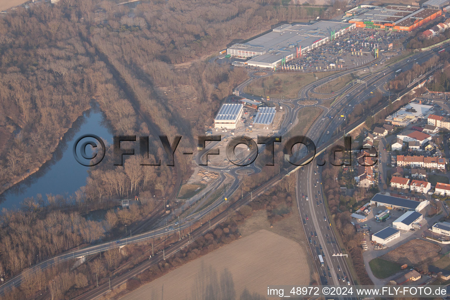 Maximilian Center II in the district Maximiliansau in Wörth am Rhein in the state Rhineland-Palatinate, Germany seen from above