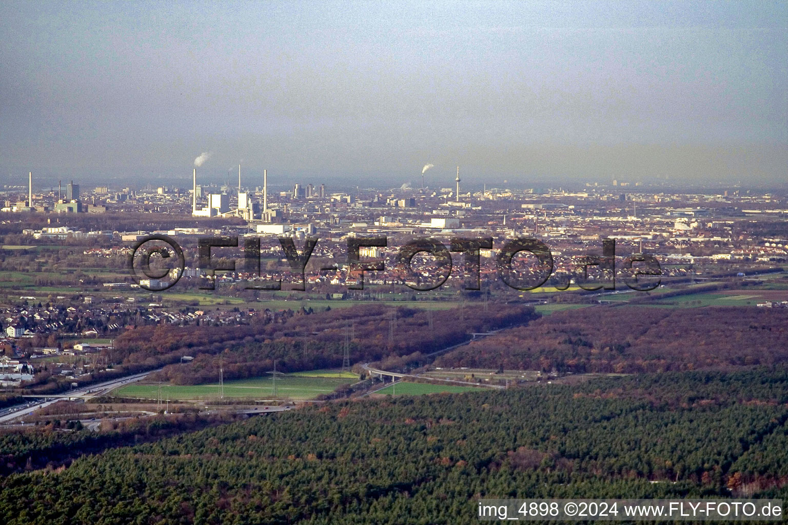 Aerial view of From the south in the district Rheinau in Mannheim in the state Baden-Wuerttemberg, Germany