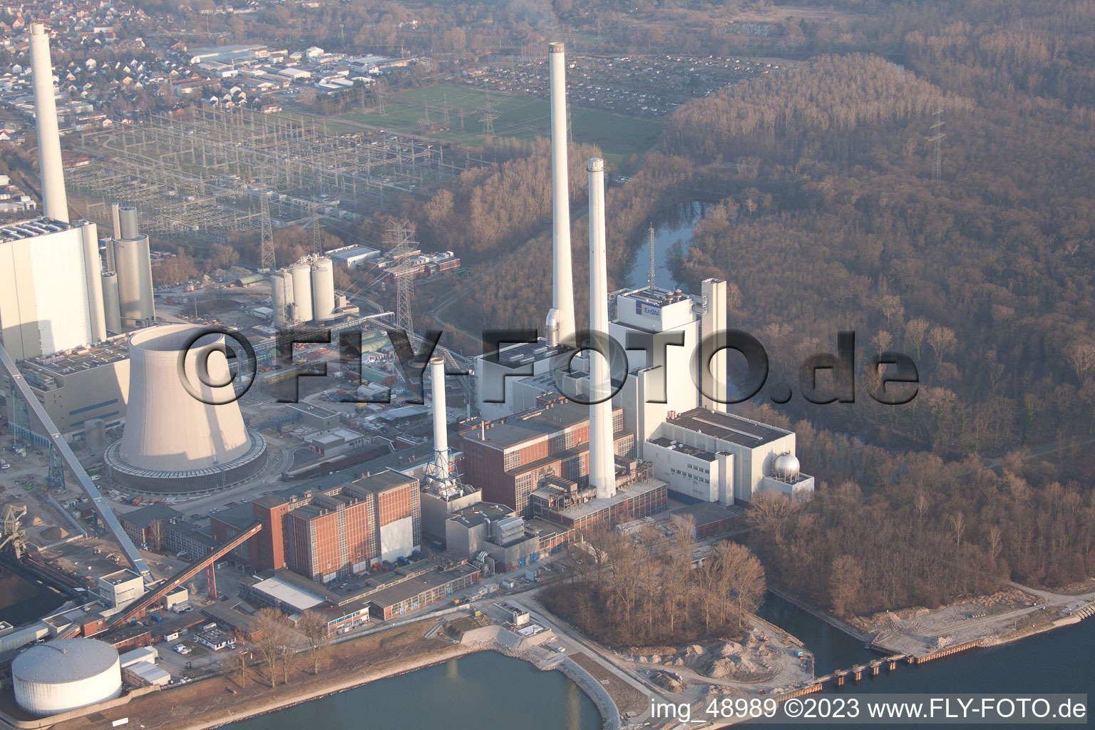 ENBW new building in the district Rheinhafen in Karlsruhe in the state Baden-Wuerttemberg, Germany from the plane