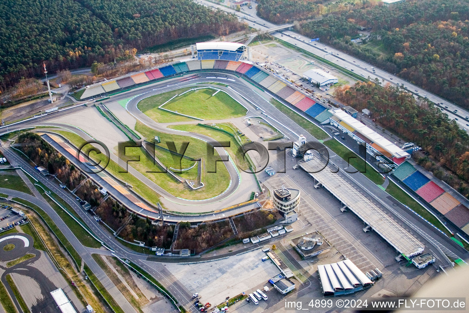 Aerial view of Wintry snowy Serpentine curve of the racetrack route of Motodrom Hockenheimring in Hockenheim in the state Baden-Wurttemberg