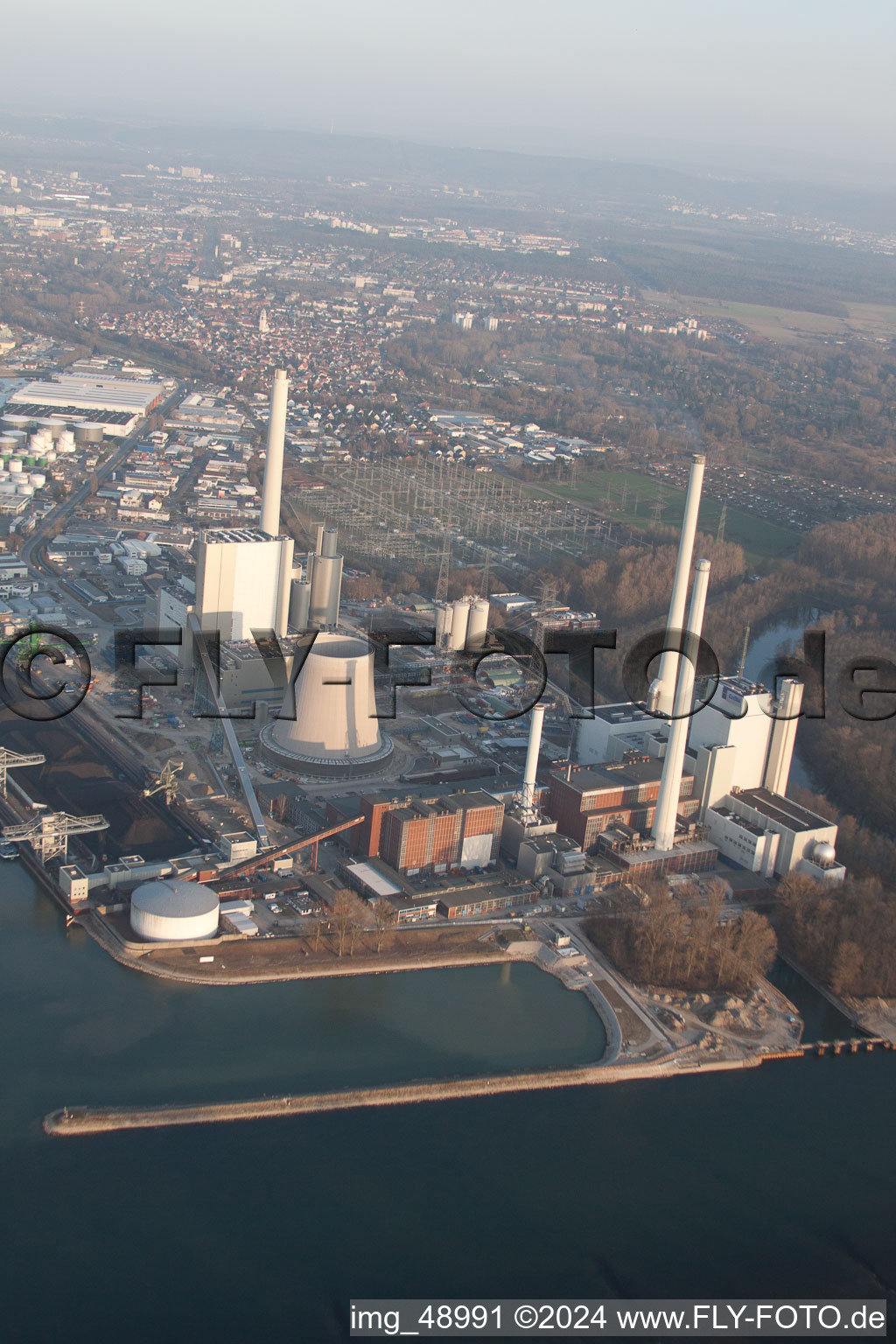 Bird's eye view of ENBW new building in the district Rheinhafen in Karlsruhe in the state Baden-Wuerttemberg, Germany