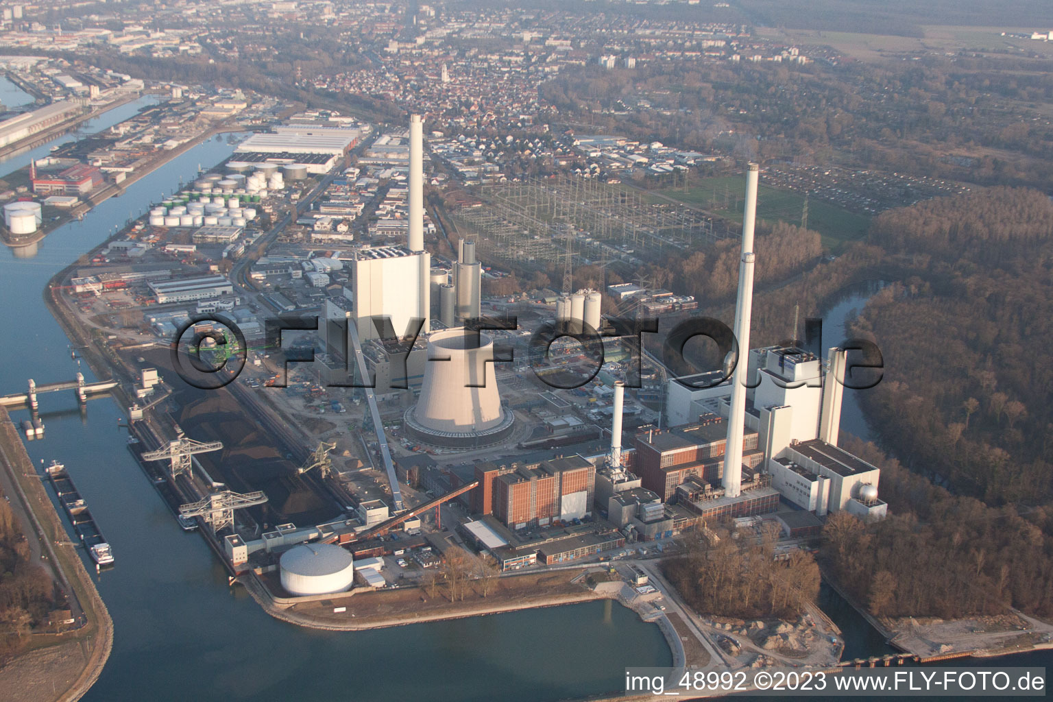 ENBW new building in the district Rheinhafen in Karlsruhe in the state Baden-Wuerttemberg, Germany viewn from the air