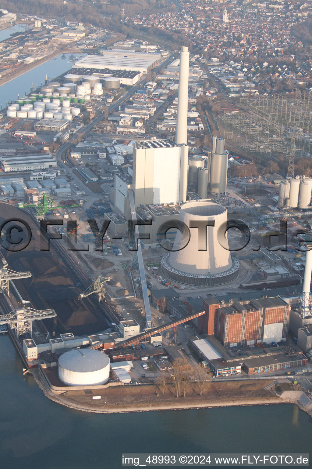 Drone recording of ENBW new building in the district Rheinhafen in Karlsruhe in the state Baden-Wuerttemberg, Germany