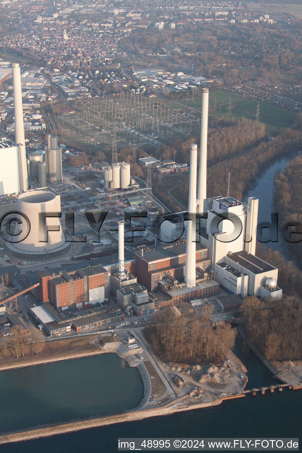 Drone image of ENBW new building in the district Rheinhafen in Karlsruhe in the state Baden-Wuerttemberg, Germany