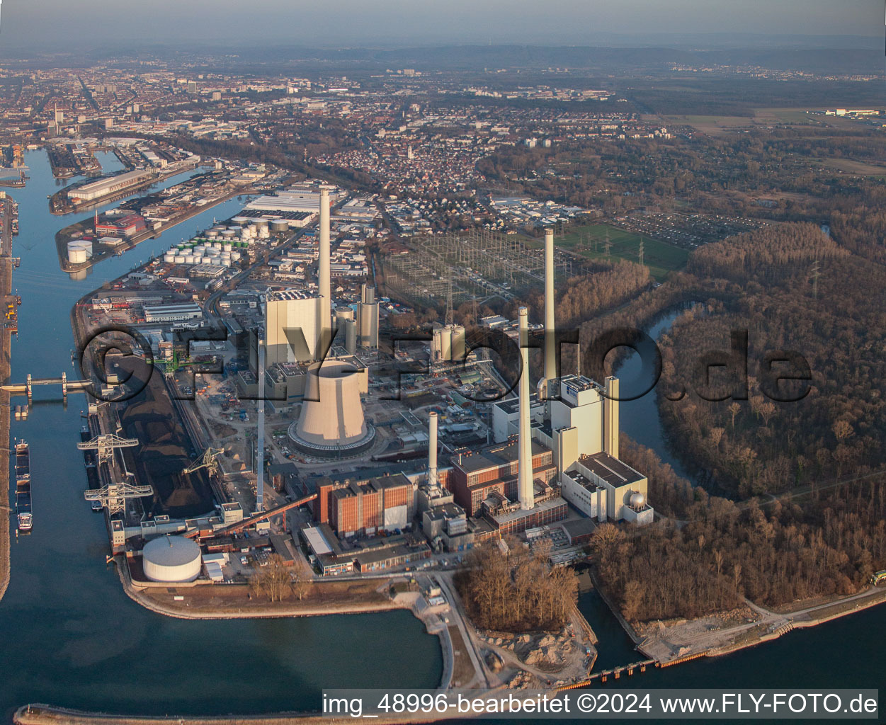 ENBW new building in the district Rheinhafen in Karlsruhe in the state Baden-Wuerttemberg, Germany from the drone perspective