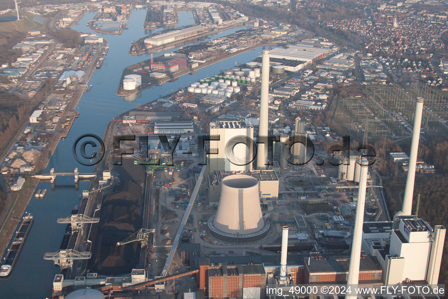 ENBW new building in the district Rheinhafen in Karlsruhe in the state Baden-Wuerttemberg, Germany from a drone