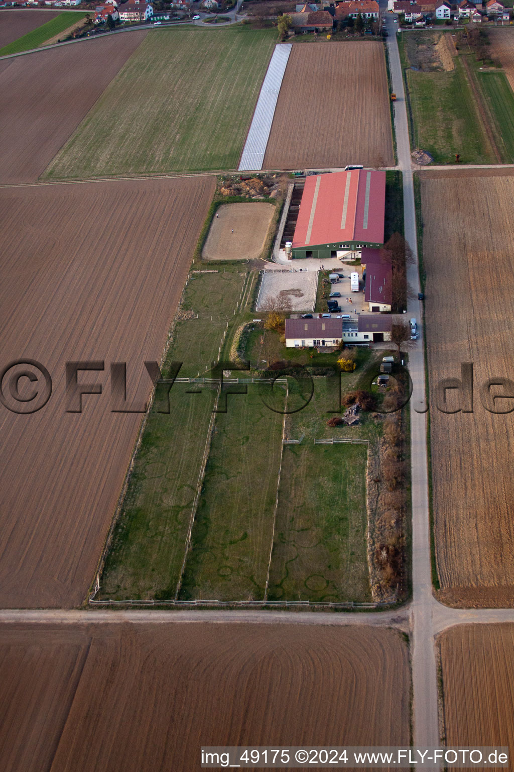 Foal farm in Steinweiler in the state Rhineland-Palatinate, Germany viewn from the air