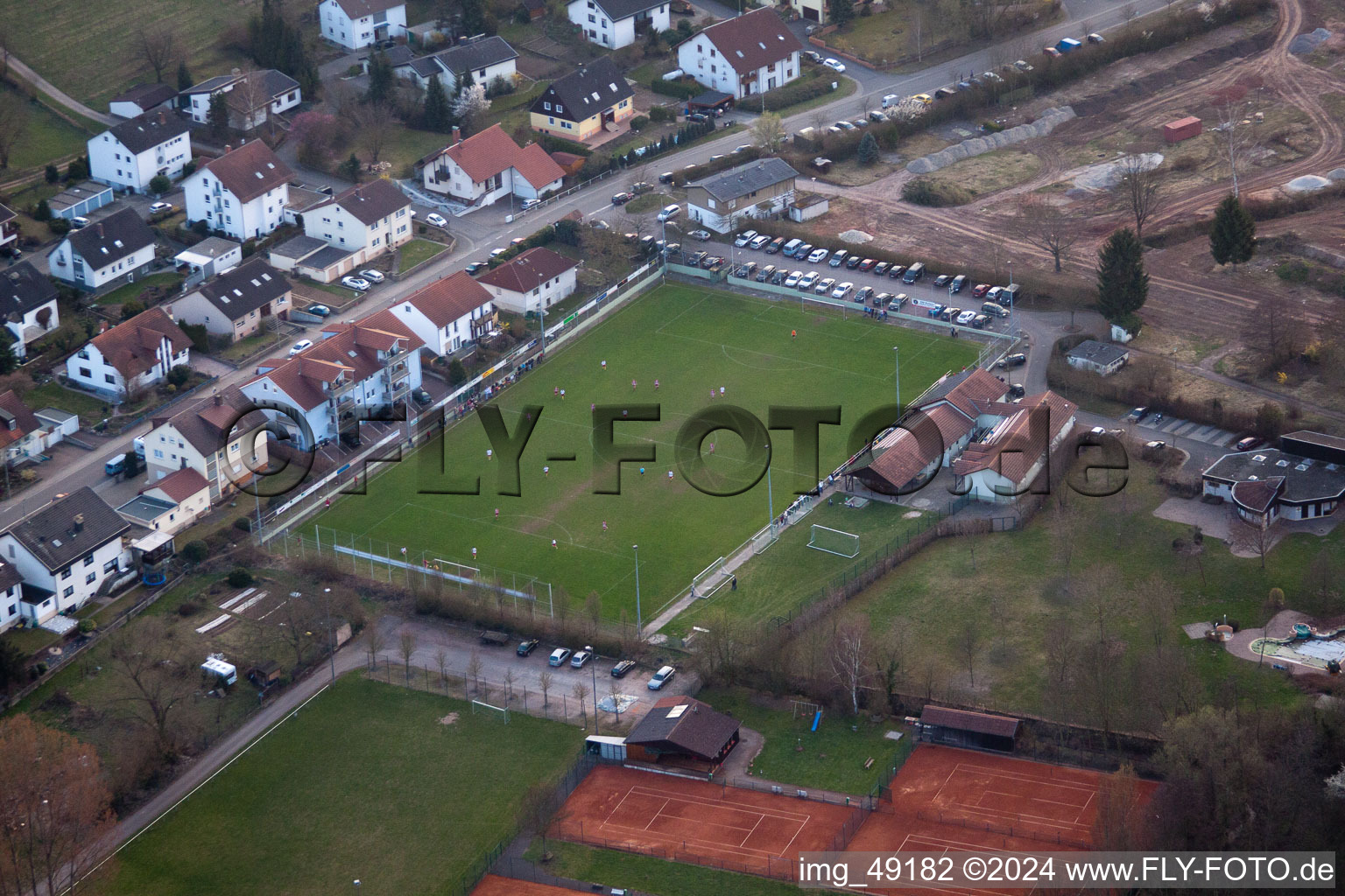 Sports fields in the district Ingenheim in Billigheim-Ingenheim in the state Rhineland-Palatinate, Germany from above