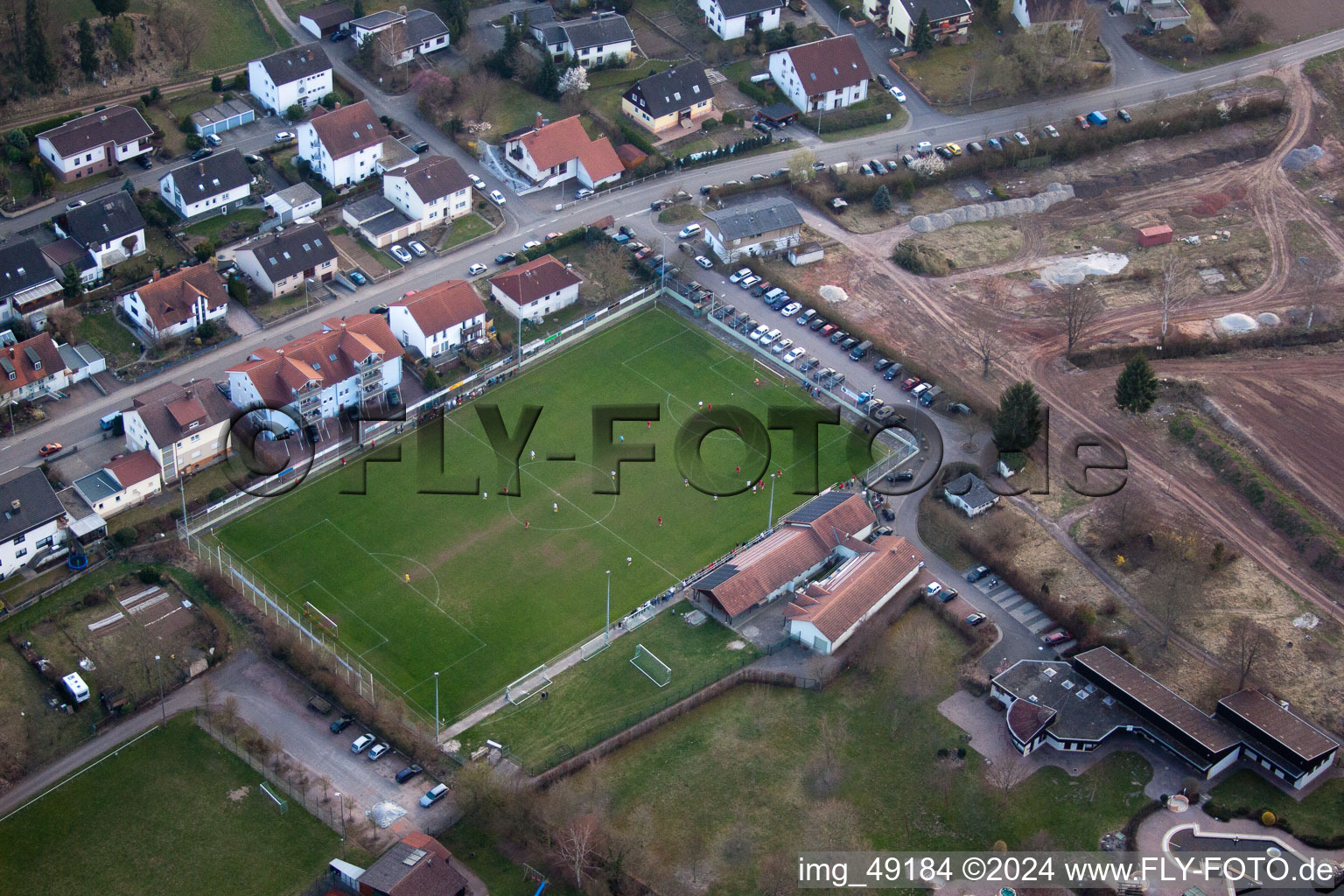 Sports fields in the district Ingenheim in Billigheim-Ingenheim in the state Rhineland-Palatinate, Germany seen from above