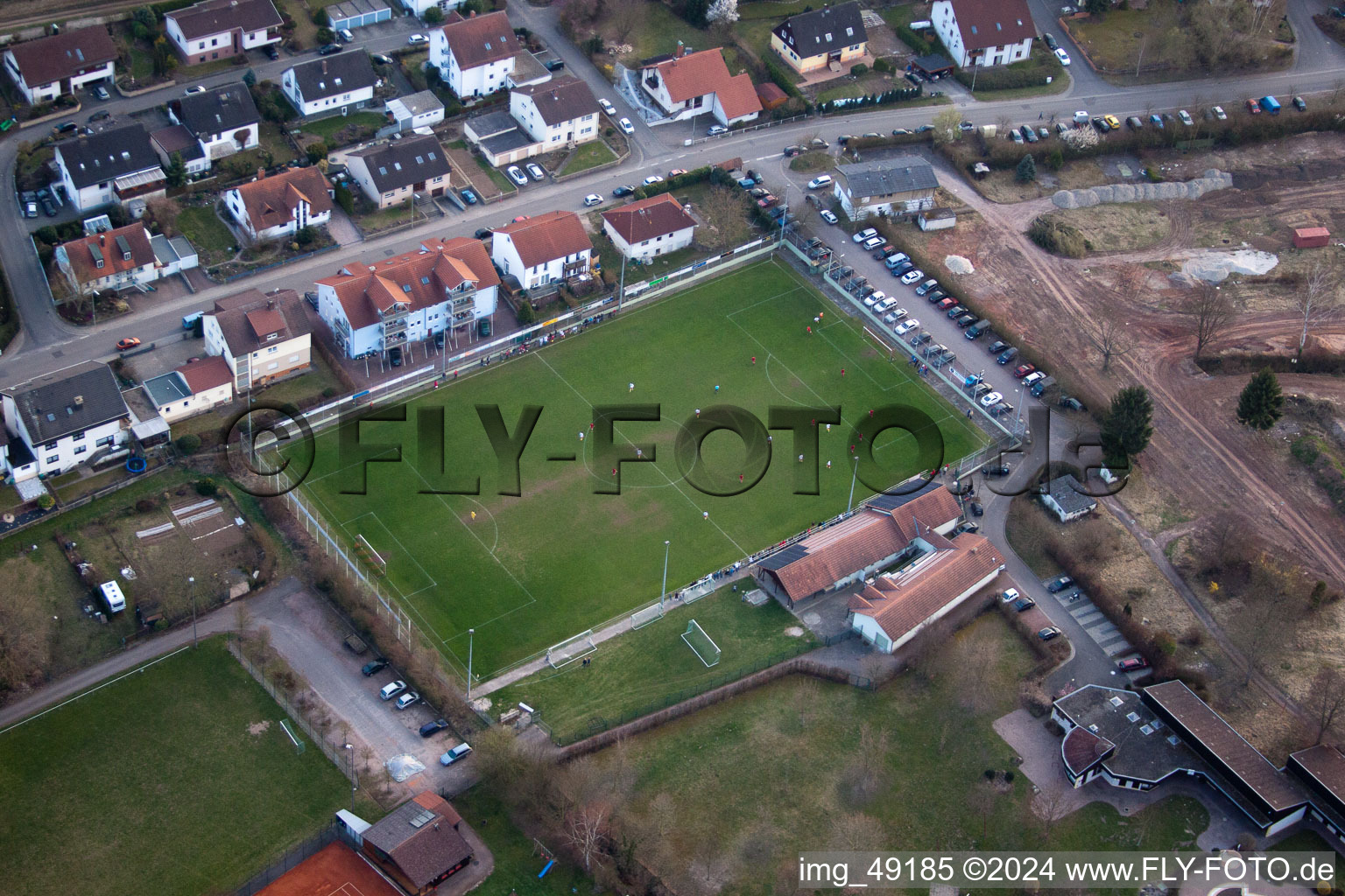Sports fields in the district Ingenheim in Billigheim-Ingenheim in the state Rhineland-Palatinate, Germany from the plane