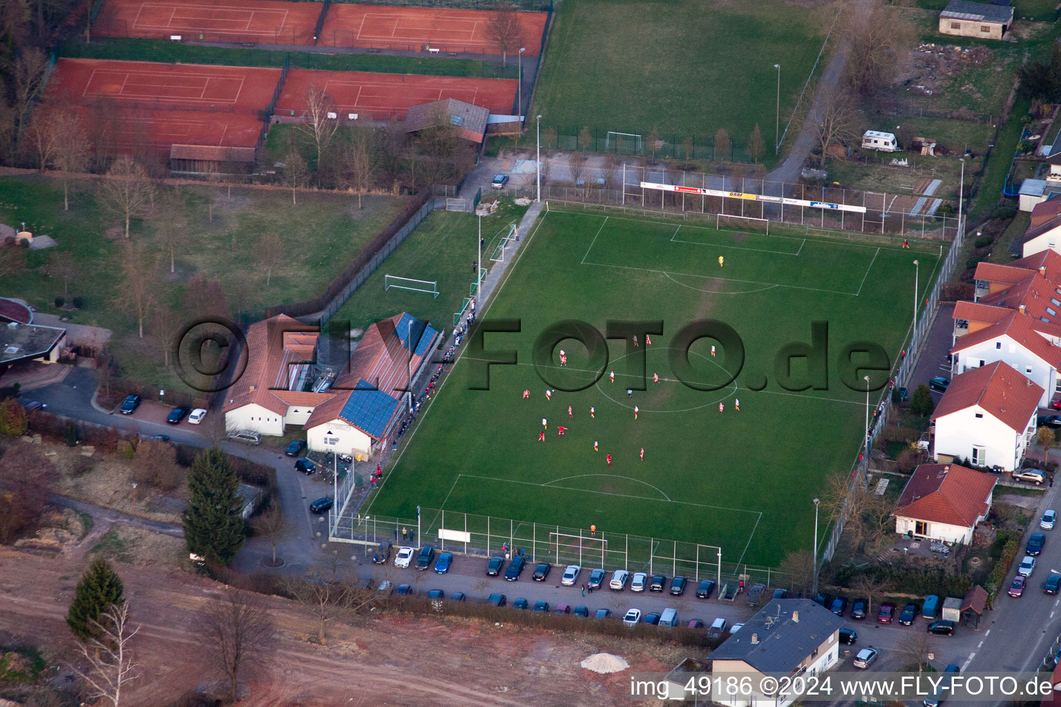 Bird's eye view of Sports fields in the district Ingenheim in Billigheim-Ingenheim in the state Rhineland-Palatinate, Germany