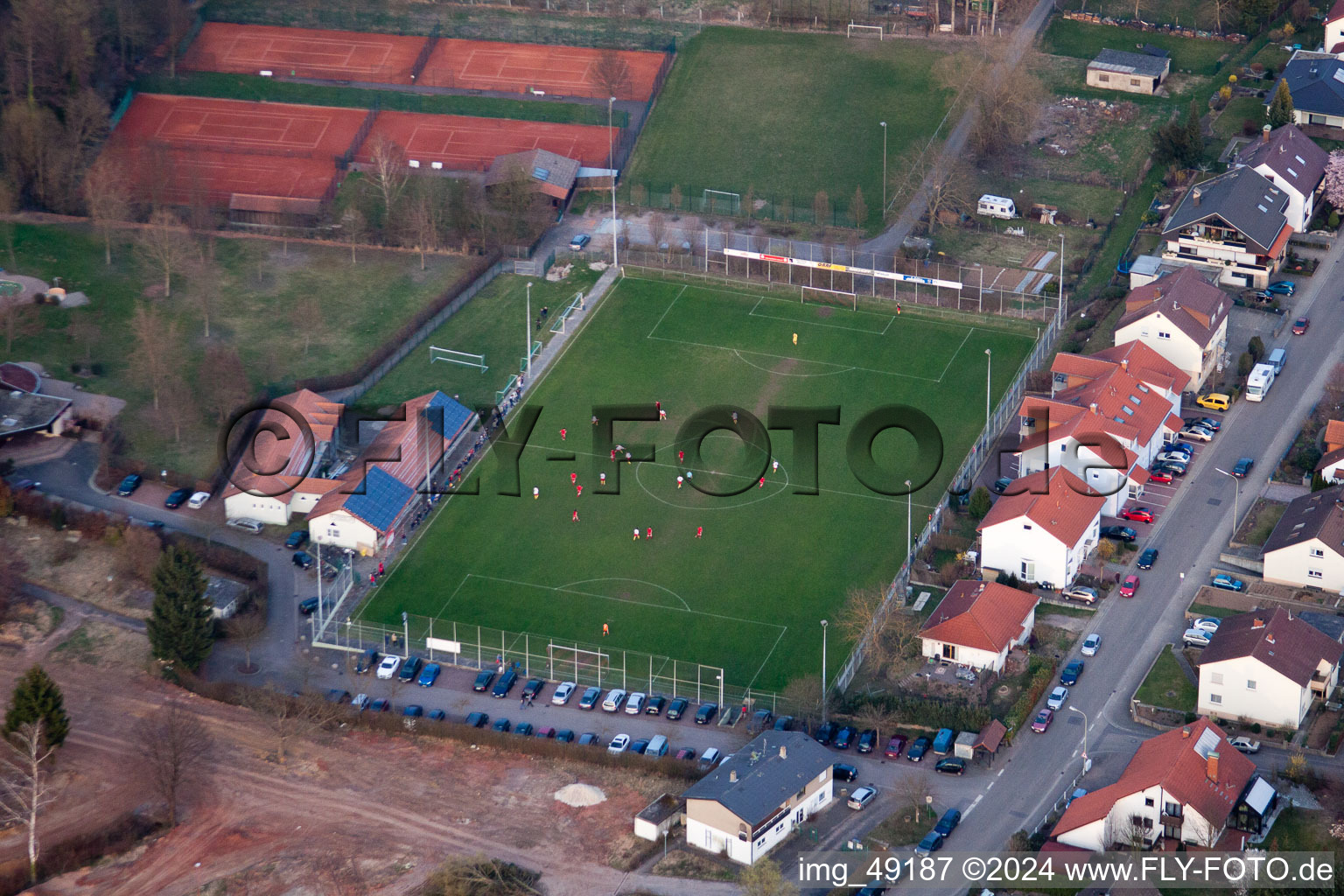 Sports fields in the district Ingenheim in Billigheim-Ingenheim in the state Rhineland-Palatinate, Germany viewn from the air