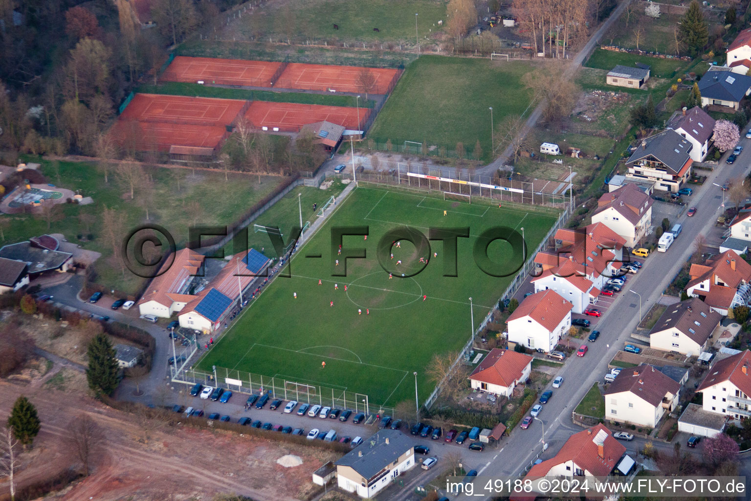 Drone recording of Sports fields in the district Ingenheim in Billigheim-Ingenheim in the state Rhineland-Palatinate, Germany