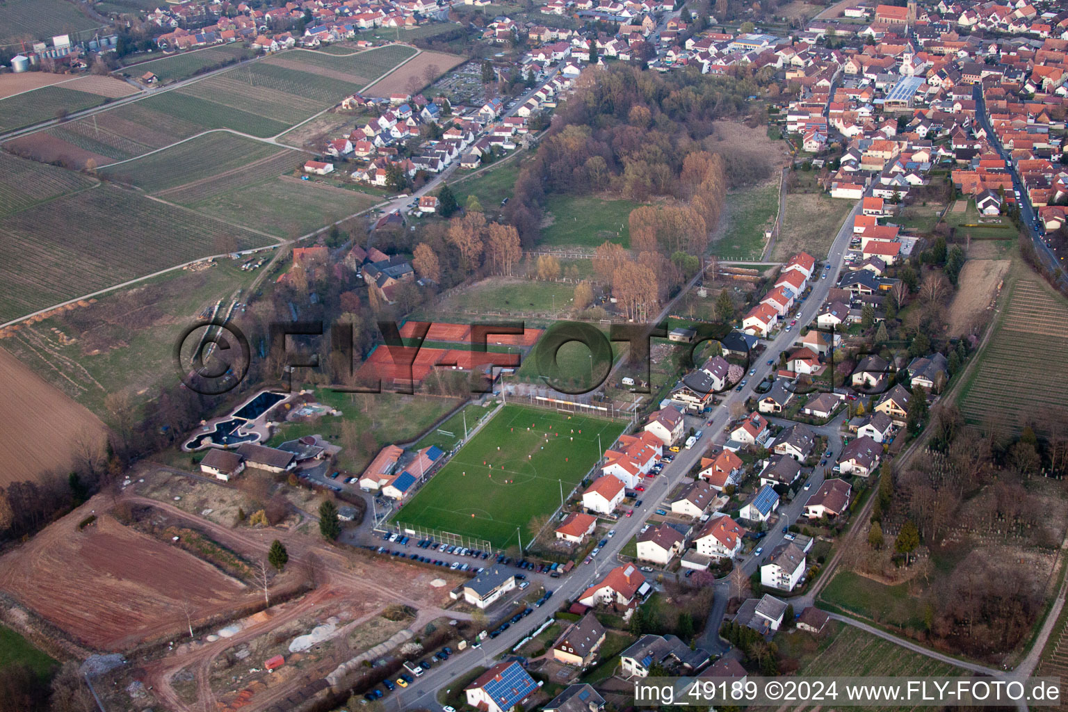 Drone image of Sports fields in the district Ingenheim in Billigheim-Ingenheim in the state Rhineland-Palatinate, Germany