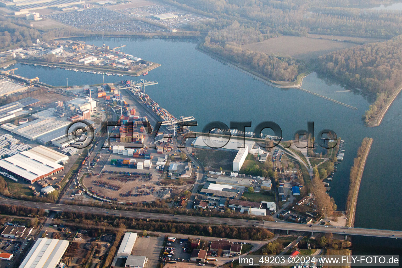 Harbor in Germersheim in the state Rhineland-Palatinate, Germany from the drone perspective