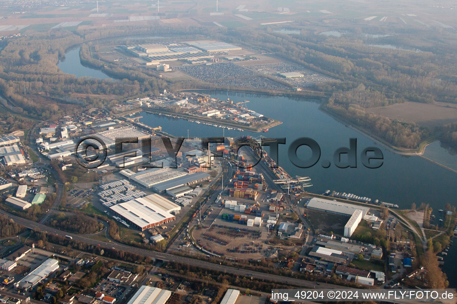 Harbor in Germersheim in the state Rhineland-Palatinate, Germany from a drone