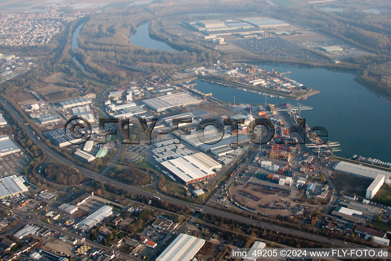 Harbor in Germersheim in the state Rhineland-Palatinate, Germany seen from a drone