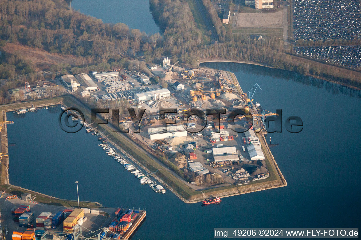 Aerial view of Quays and boat moorings at the port of the inland port of the Rhine river in Germersheim in the state Rhineland-Palatinate, Germany