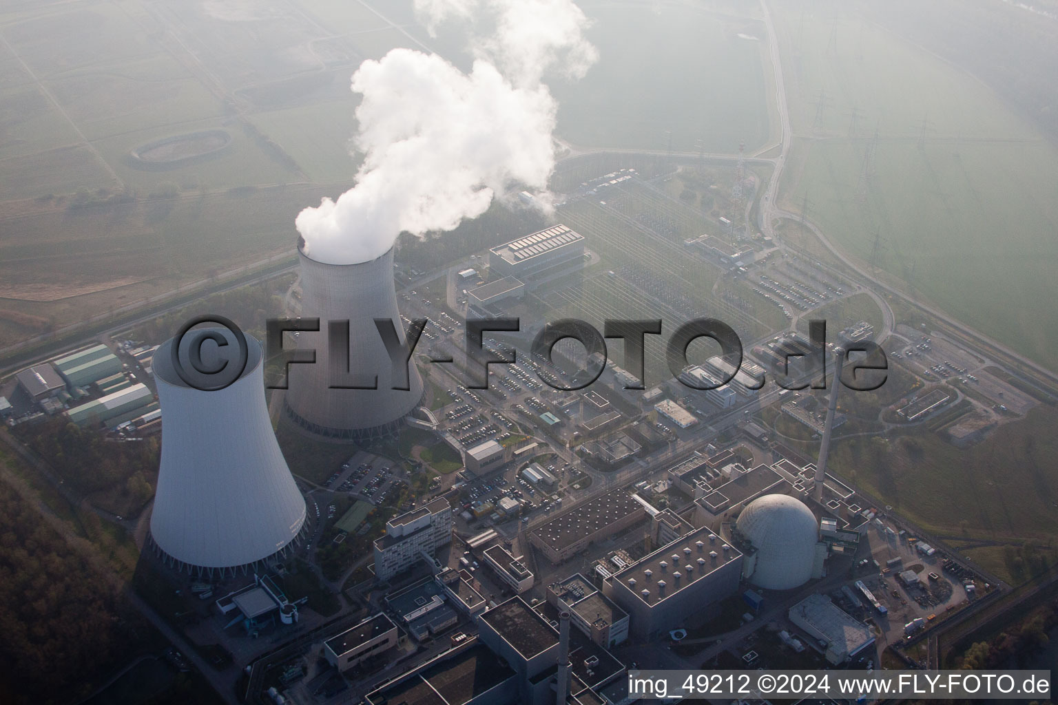 Nuclear power plant in Philippsburg in the state Baden-Wuerttemberg, Germany from above