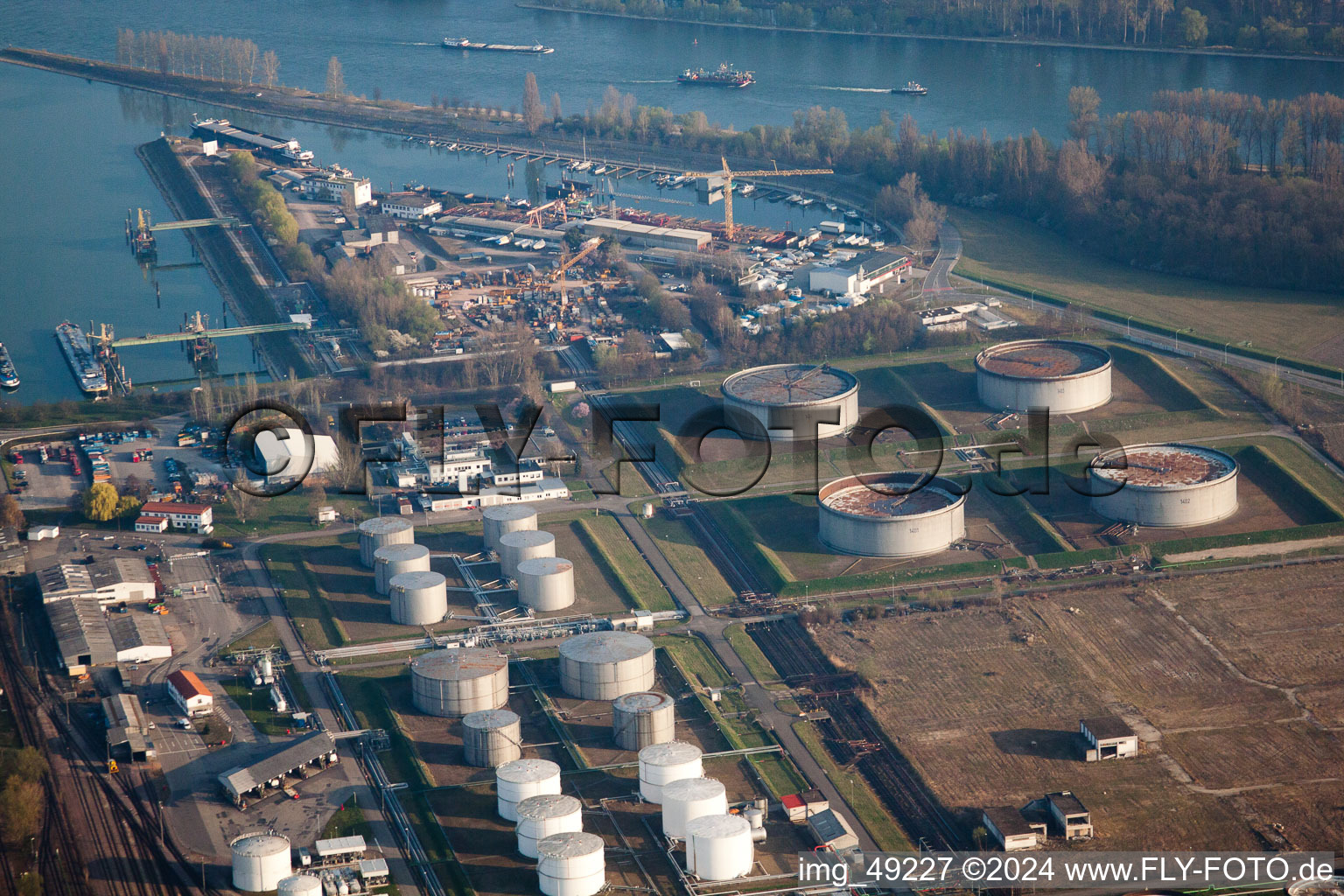 Tanquid tank farm at the airport from the east in Speyer in the state Rhineland-Palatinate, Germany