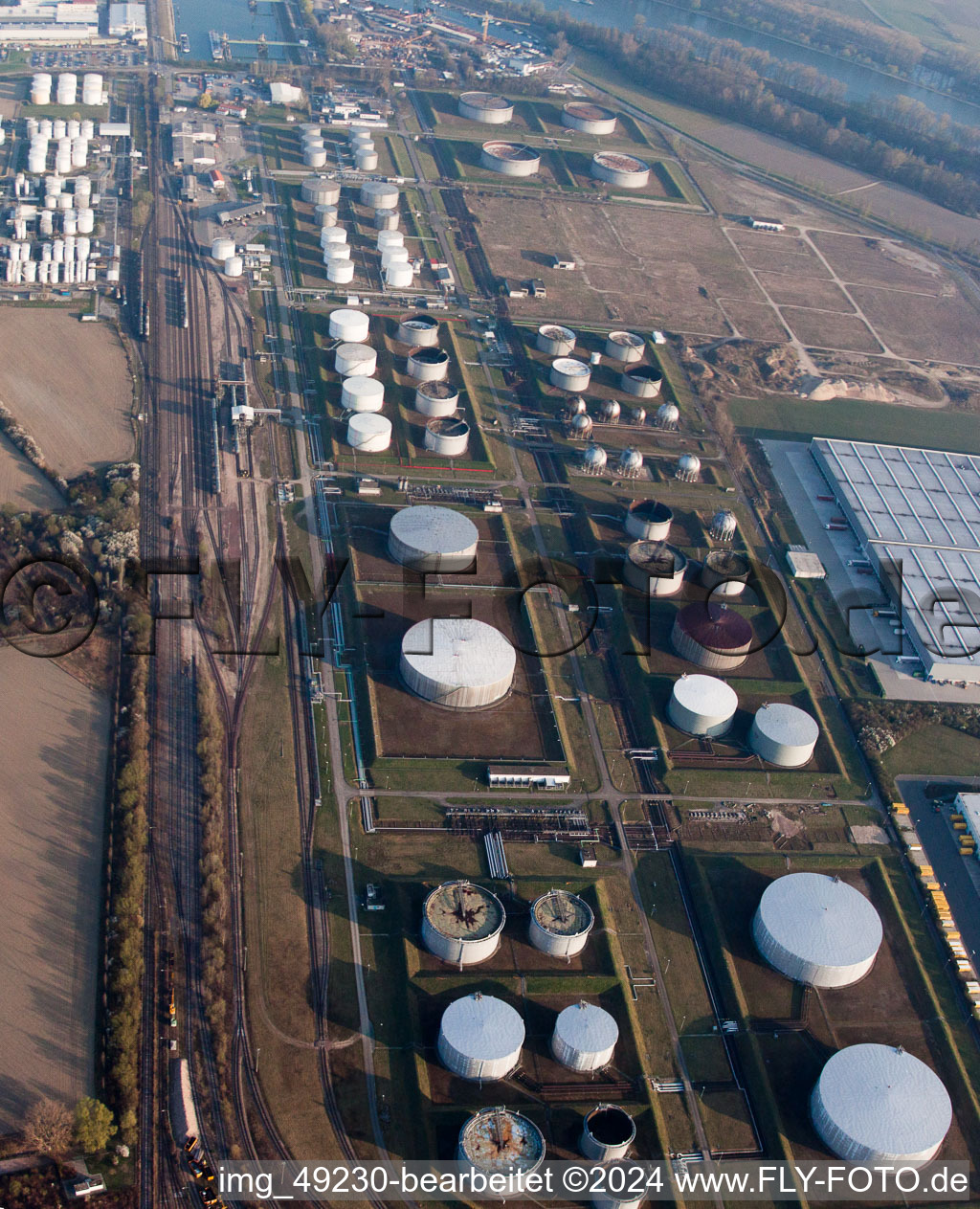 Aerial view of Tanquid tank farm at the airport from the east in Speyer in the state Rhineland-Palatinate, Germany