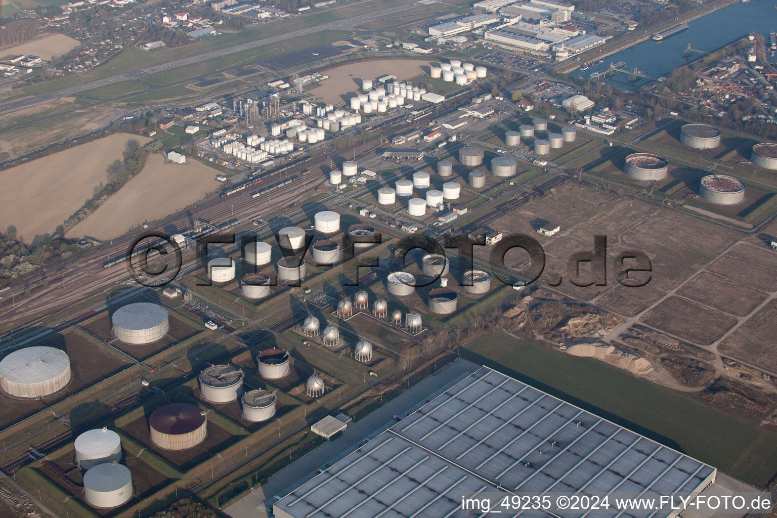 Aerial photograpy of Tanquid tank farm at the airport from the east in Speyer in the state Rhineland-Palatinate, Germany