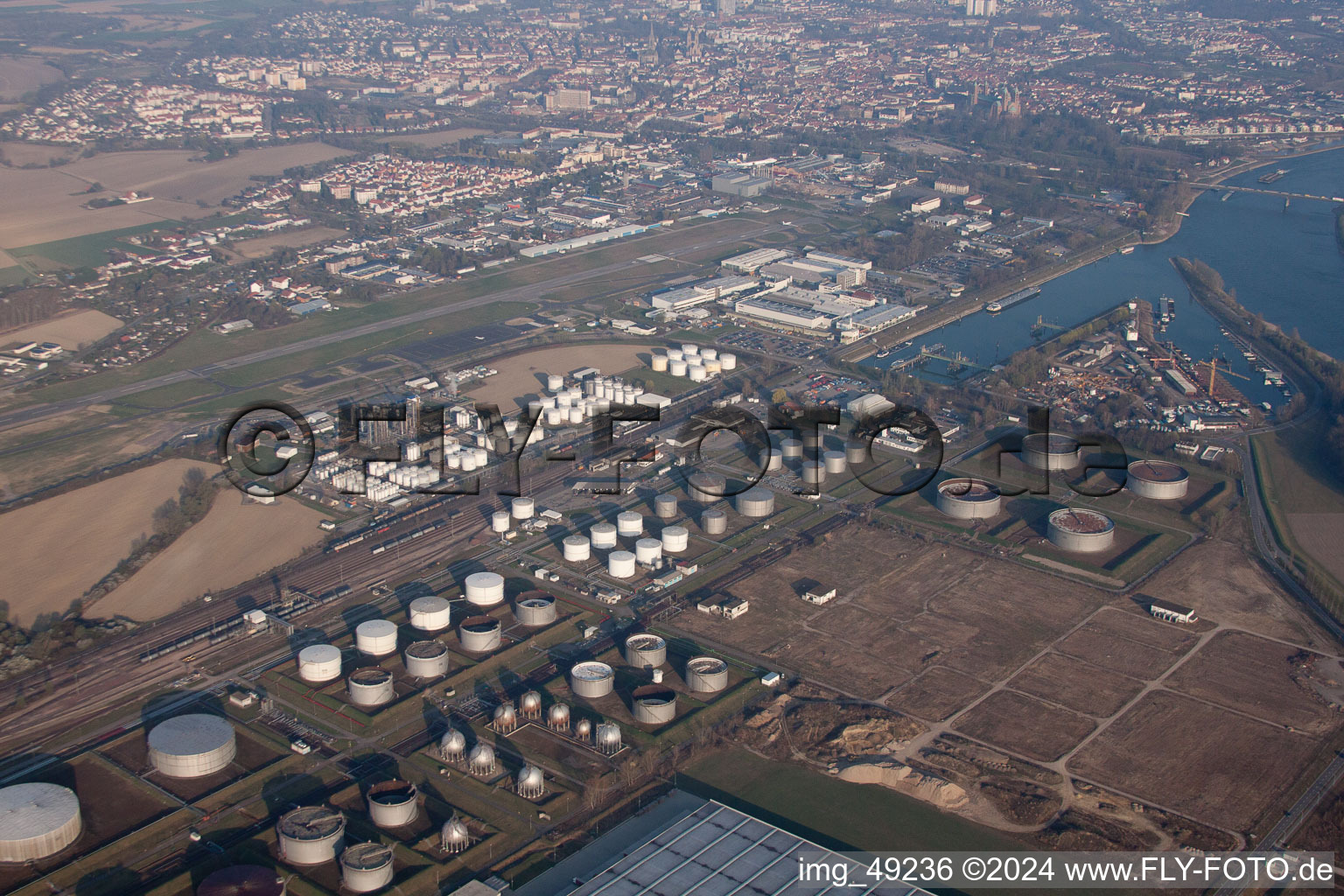 Oblique view of Tanquid tank farm at the airport from the east in Speyer in the state Rhineland-Palatinate, Germany