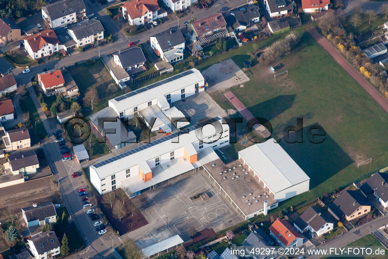 School grounds and buildings of the Grandschule Berghausen and of Realschule plus Dudenhofen-Roemerberg in Roemerberg in the state Rhineland-Palatinate, Germany