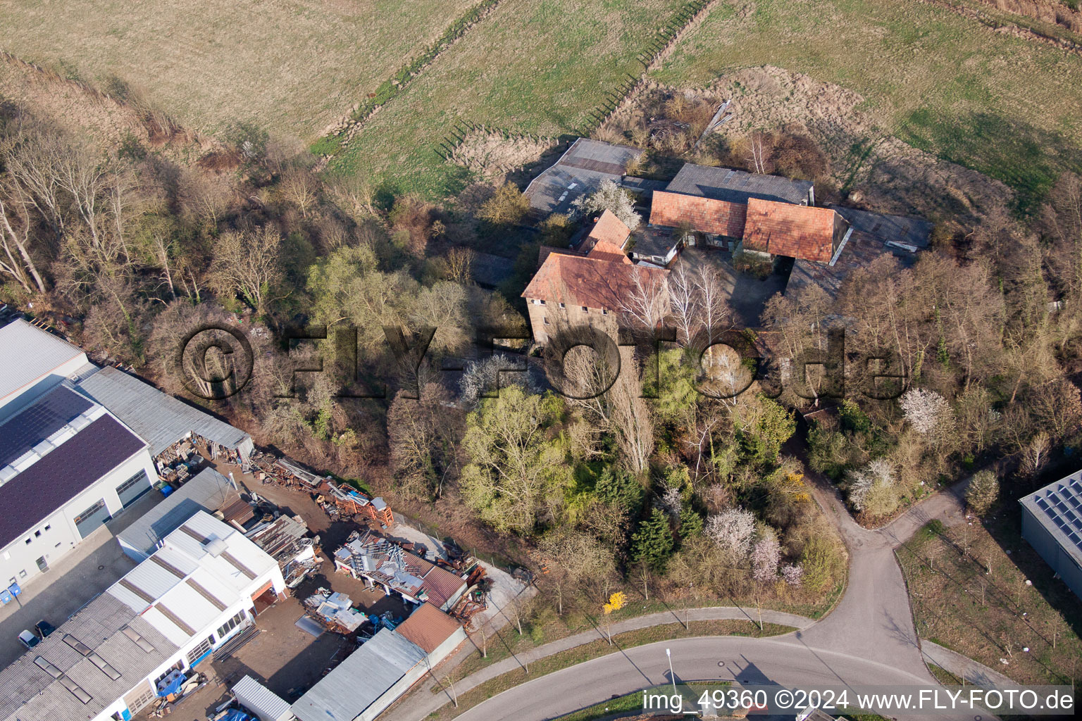 Oblique view of Bartelsmühle in the district Minderslachen in Kandel in the state Rhineland-Palatinate, Germany