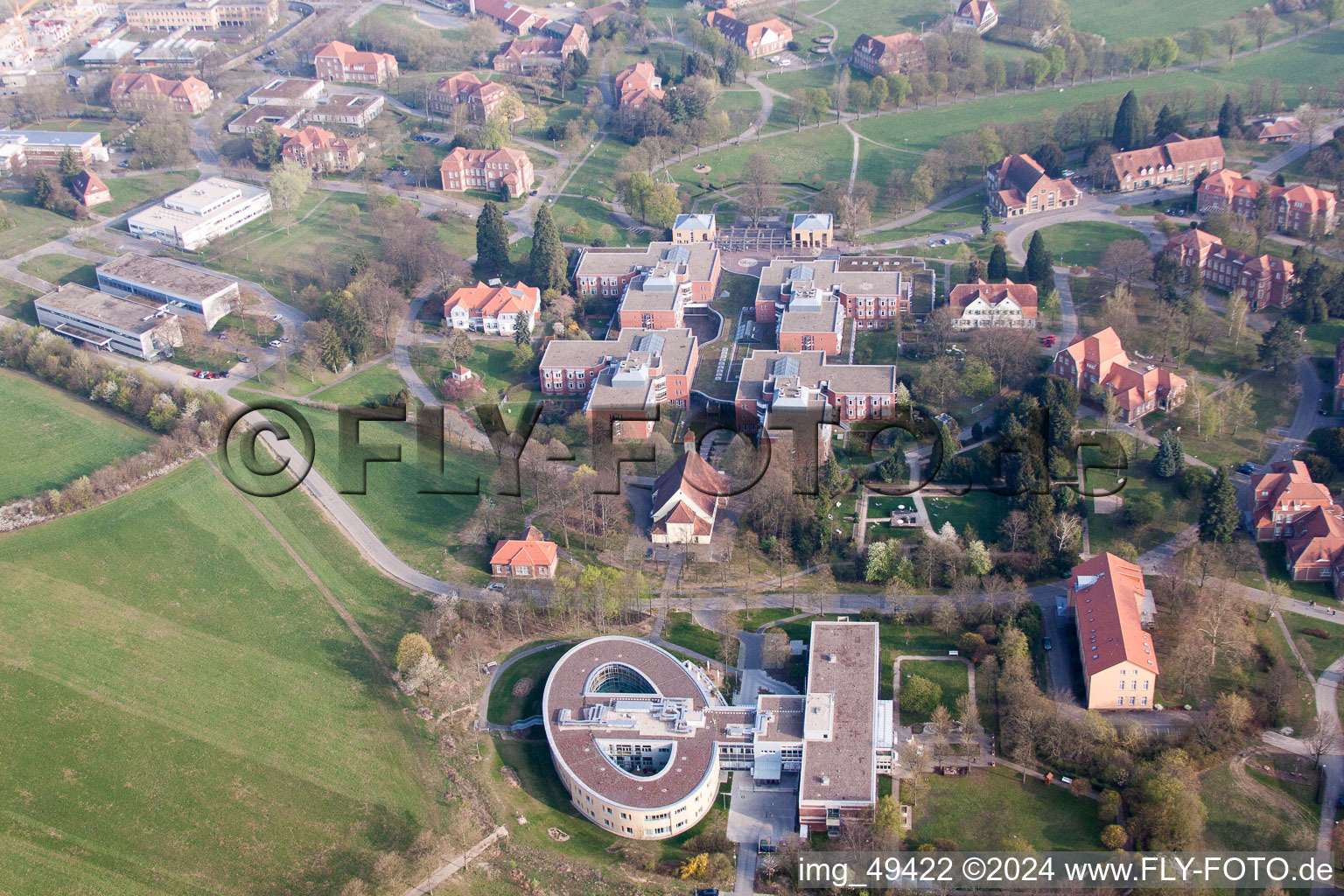 Hospital grounds of the Clinic Psychiatric Centre North-Baden in Wiesloch in the state Baden-Wurttemberg, Germany seen from above