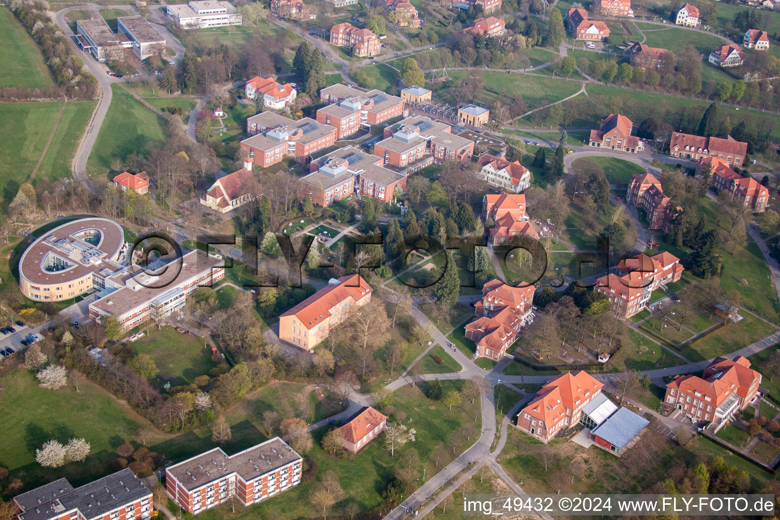 Hospital grounds of the Clinic Psychiatric Centre North-Baden in Wiesloch in the state Baden-Wurttemberg, Germany from the plane