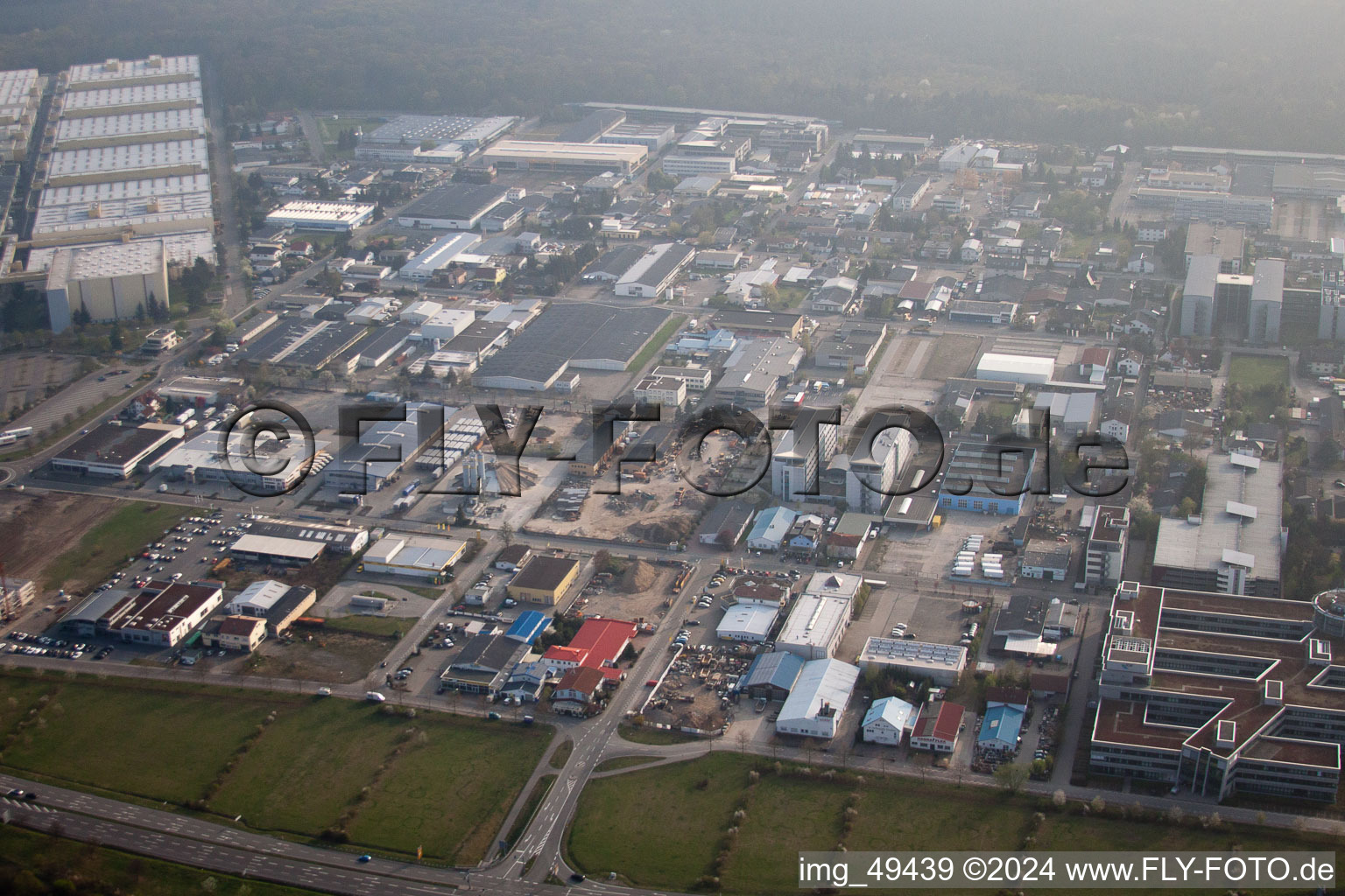 Oblique view of Industrial area, Heidelberger Druckmaschinen AG in Walldorf in the state Baden-Wuerttemberg, Germany