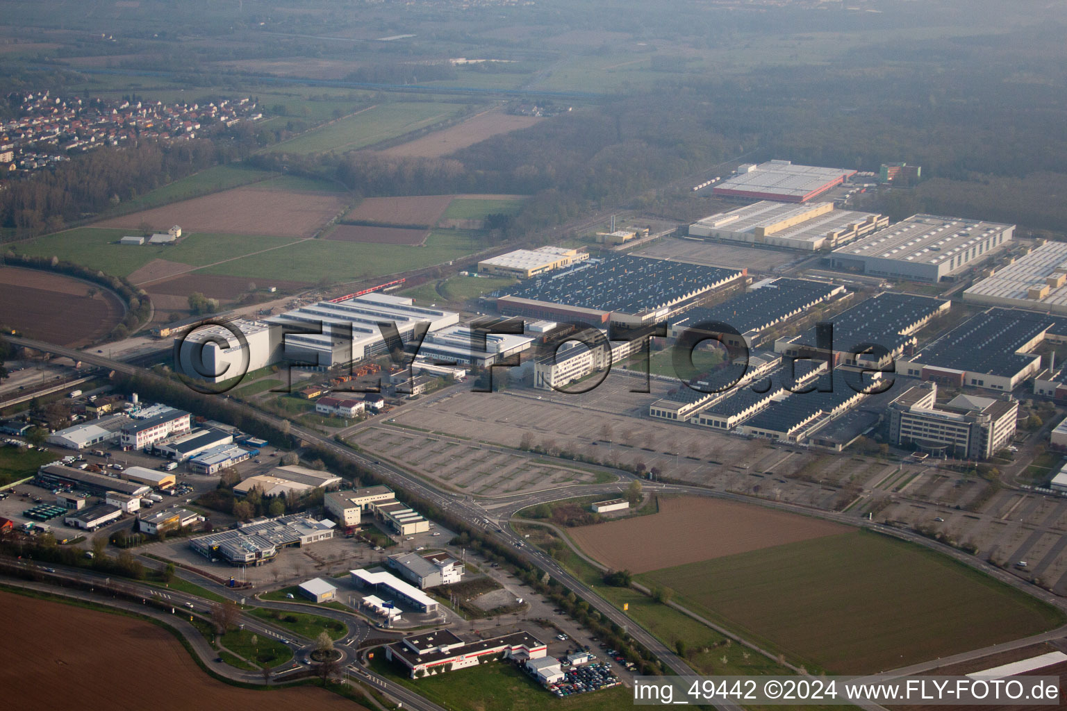 Industrial area, Heidelberger Druckmaschinen AG in Walldorf in the state Baden-Wuerttemberg, Germany seen from above