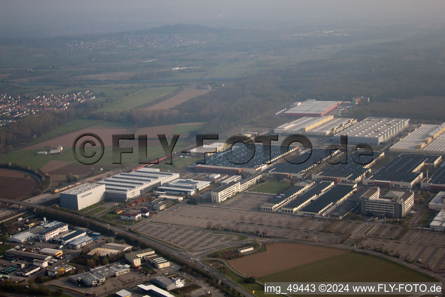 Industrial area, Heidelberger Druckmaschinen AG in Walldorf in the state Baden-Wuerttemberg, Germany from the plane