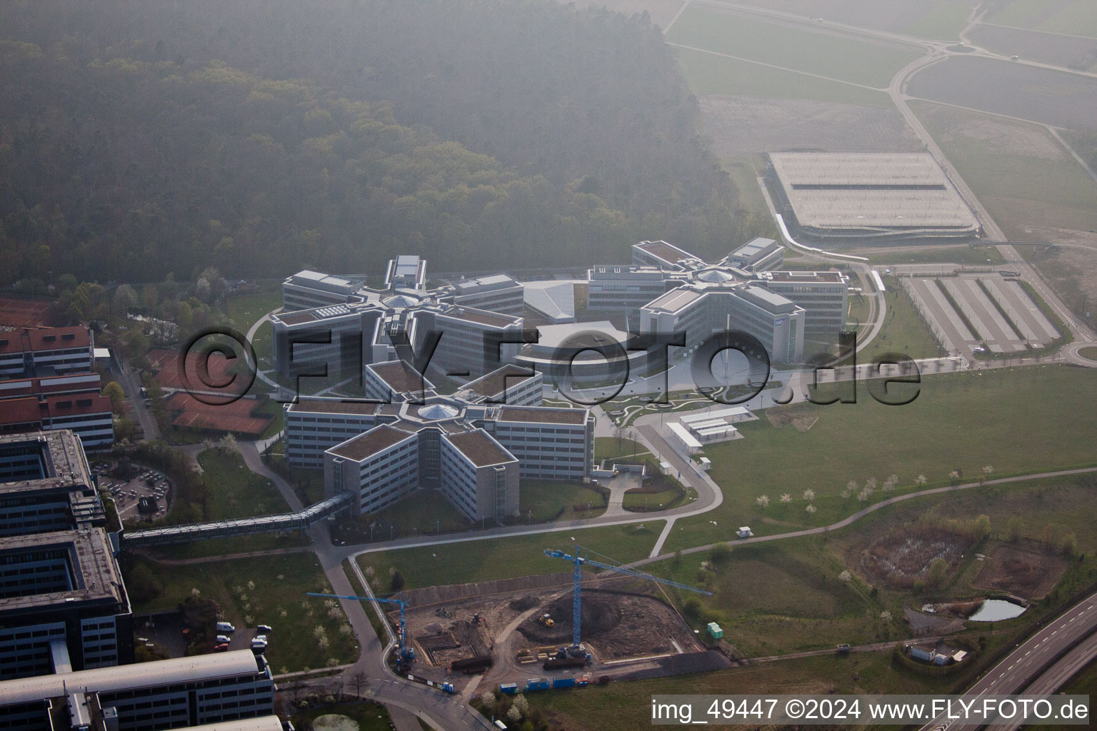 Aerial view of Industrial area, SAP AG in Walldorf in the state Baden-Wuerttemberg, Germany