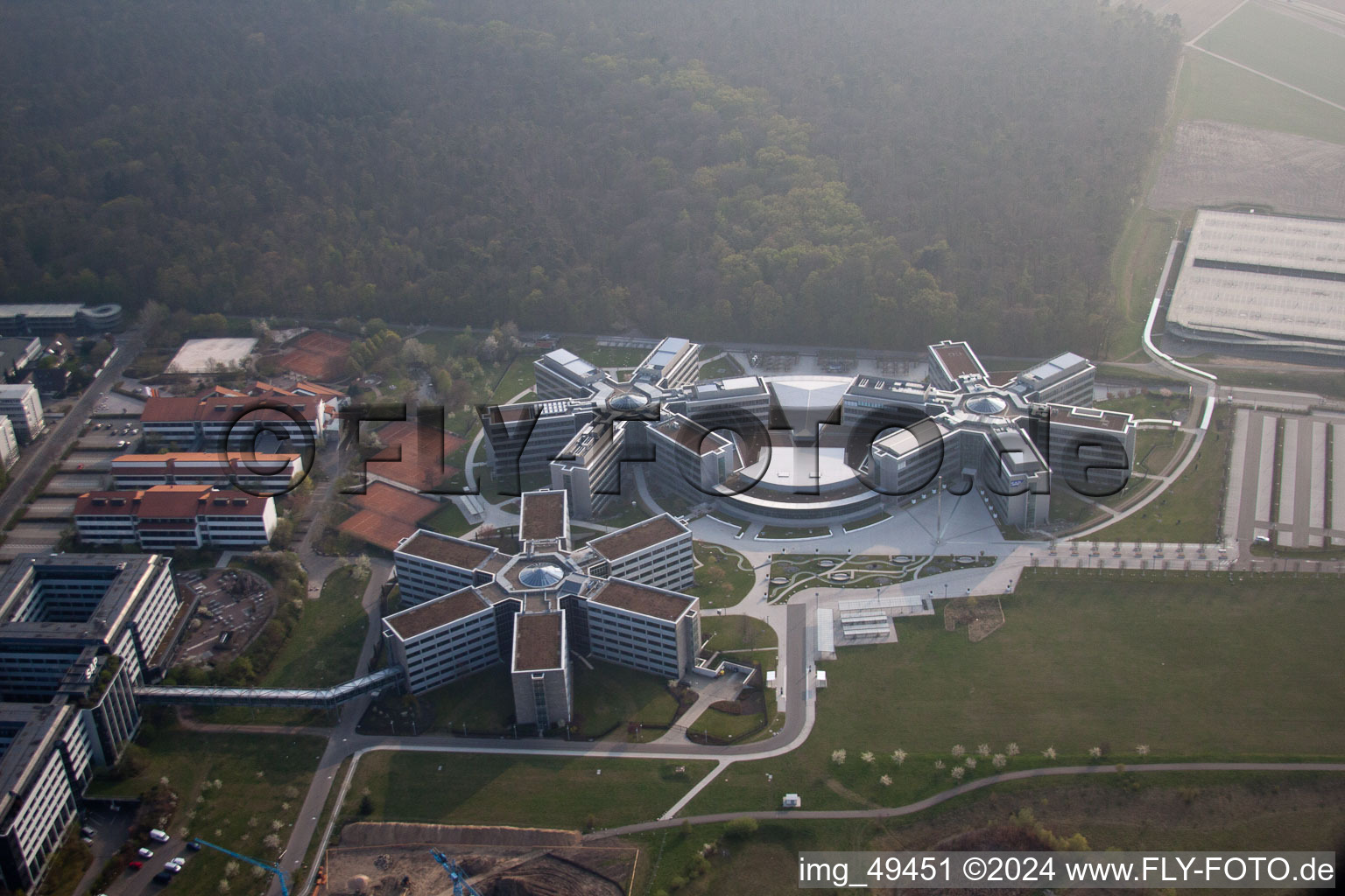 Oblique view of Industrial area, SAP AG in Walldorf in the state Baden-Wuerttemberg, Germany